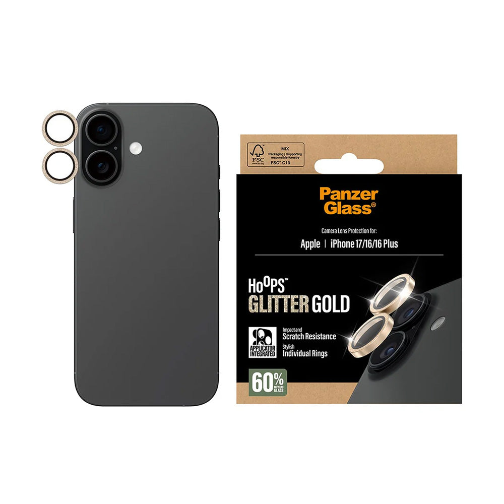 PanzerGlass Hoops Glitter takakameran suojakalvo Apple iPhone 17 / 16 Plus / 16, Karkaistu lasi, Kultainen