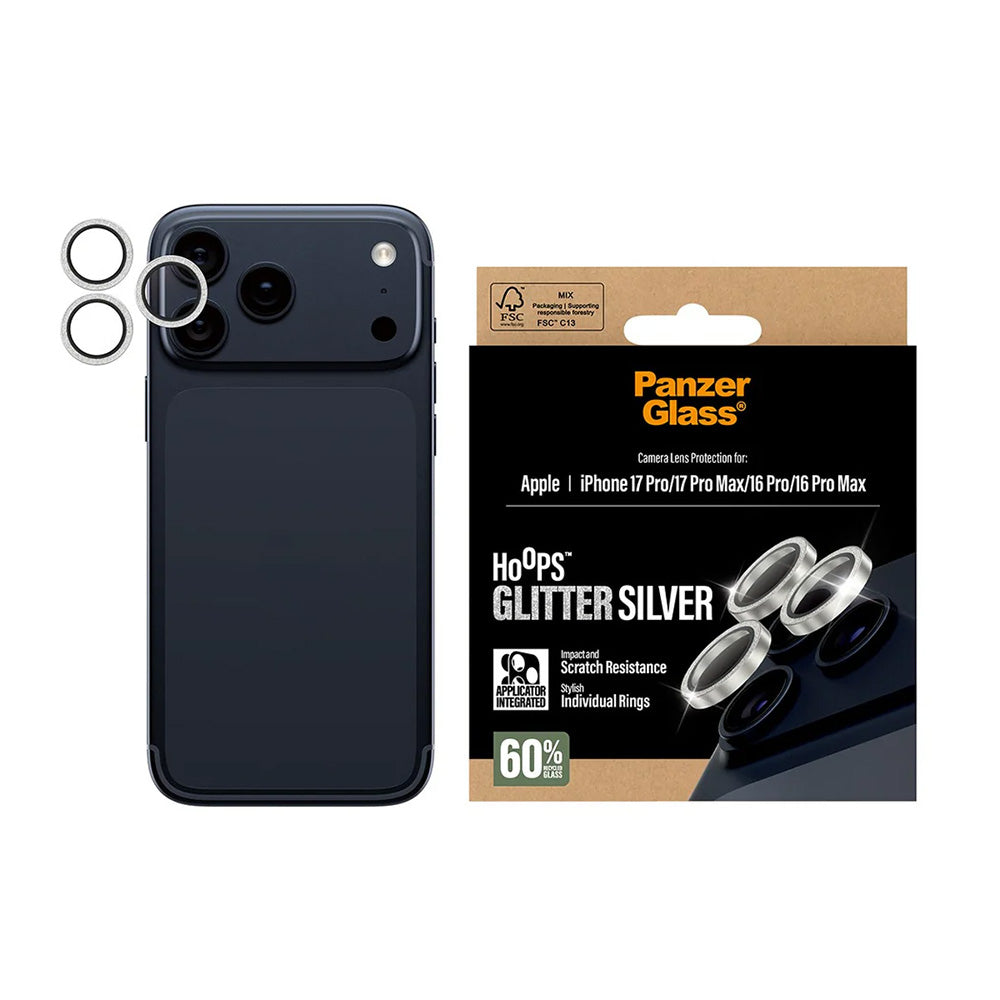 Takakameran suojakalvo PanzerGlass Hoops Glitter Apple iPhone 17 Pro Max / 17 Pro / 16 Pro Max / 16 Pro, Karkaistu lasi, Hopea