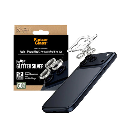 Takakameran suojakalvo PanzerGlass Hoops Glitter Apple iPhone 17 Pro Max / 17 Pro / 16 Pro Max / 16 Pro, Karkaistu lasi, Hopea