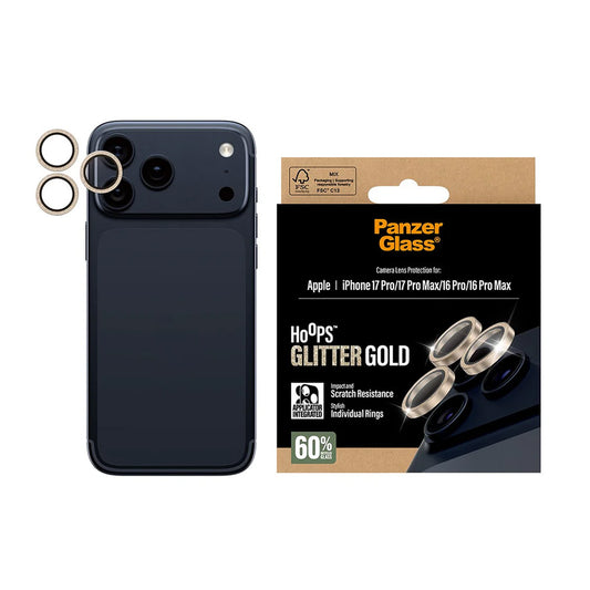 Suojakalvo PanzerGlass Hoops Glitter Apple iPhone 17 Pro Max / 17 Pro / 16 Pro Max / 16 Pro, Karkaistu lasi, Kultainen