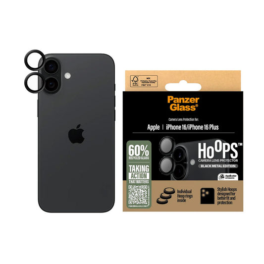 PanzerGlass Hoops -takakameran suojakalvo Apple iPhone 16 Plus / 16, karkaistu lasi, musta