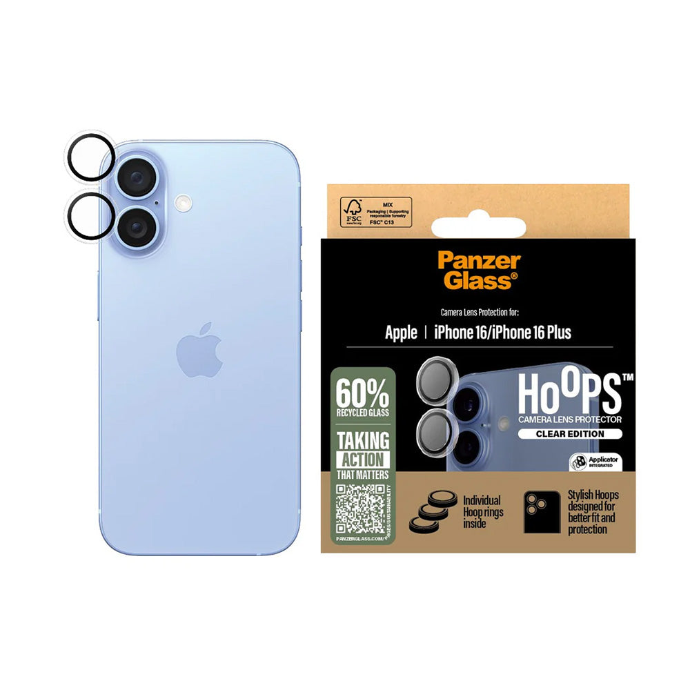 PanzerGlass Hoops -takakameran suojakalvo Apple iPhone 16 Plus / 16, karkaistu lasi, läpinäkyvä