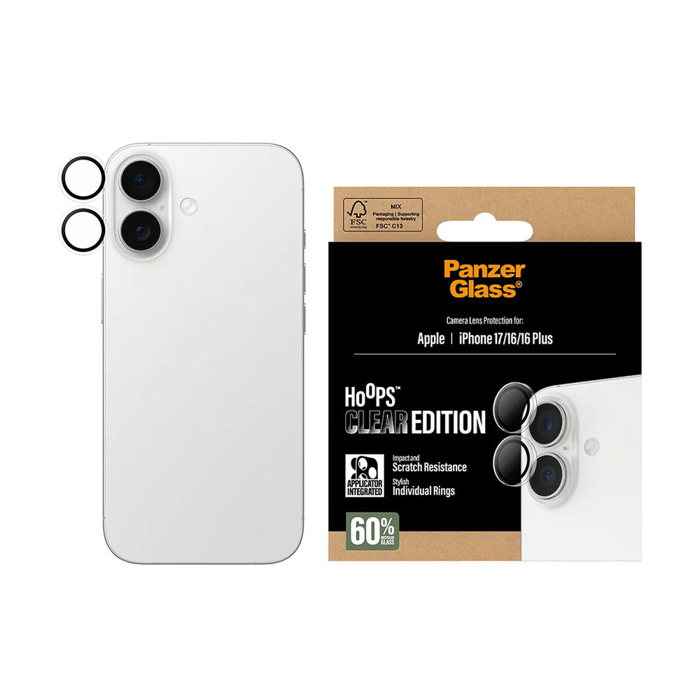 PanzerGlass Hoops -takakameran suojakalvo Apple iPhone 17 / 16 Plus / 16, karkaistu lasi, läpinäkyvä