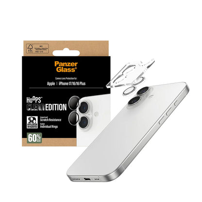 PanzerGlass Hoops -takakameran suojakalvo Apple iPhone 17 / 16 Plus / 16, karkaistu lasi, läpinäkyvä
