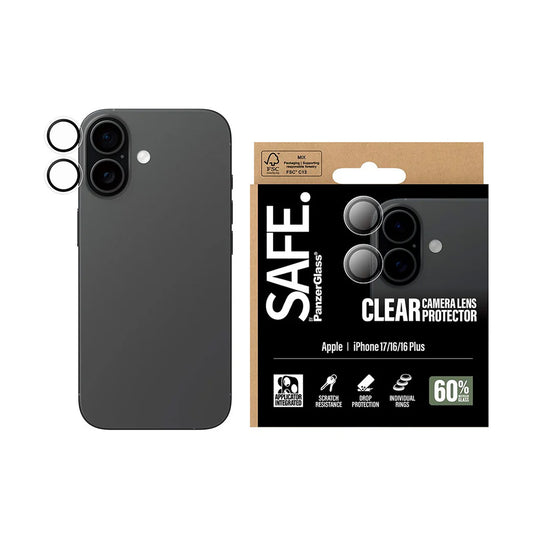 PanzerGlass Safe takakameran suojakalvo Apple iPhone 17 / 16 Plus / 16 varten, karkaistu lasi, läpinäkyvä