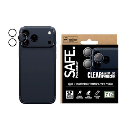 PanzerGlass Safe -takakameran suojakalvo Apple iPhone 17 Pro Max / 17 Pro / 16 Pro Max / 16 Pro -puhelimille, karkaistu lasi, läpinäkyvä.