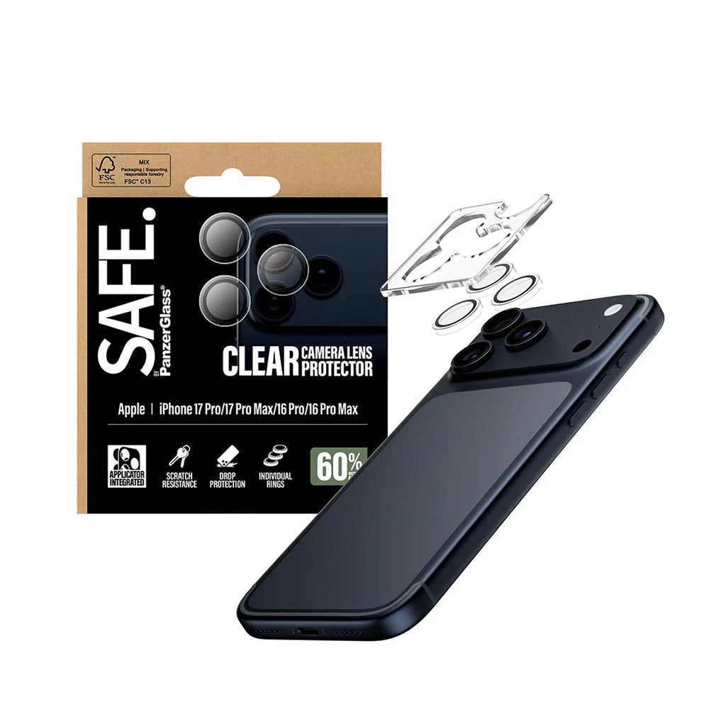 PanzerGlass Safe -takakameran suojakalvo Apple iPhone 17 Pro Max / 17 Pro / 16 Pro Max / 16 Pro -puhelimille, karkaistu lasi, läpinäkyvä.