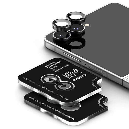 Takakameran suojakalvo Ringke Samsung Galaxy Z Flip8 F776:lle, karkaistua lasia, 2 kappaleen setti, musta