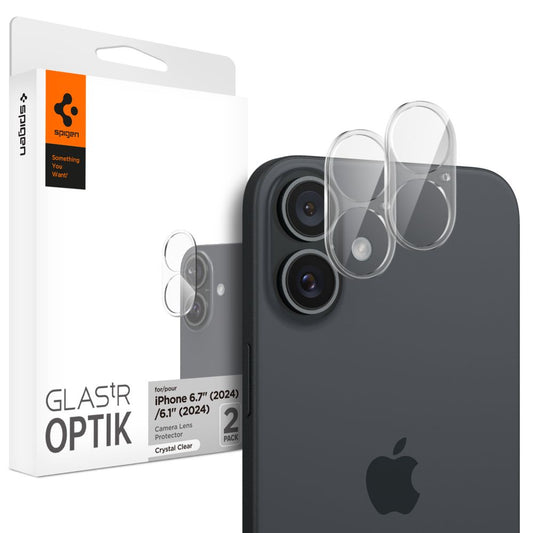 Spigen GlastR Optik takakameran suojakalvo Apple iPhone 16 Plus / 16:lle, karkaistu lasi, 2 kappaleen setti, läpinäkyvä AGL07923