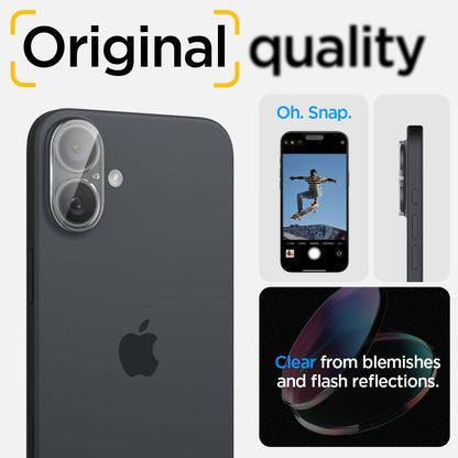 Spigen GlastR Optik takakameran suojakalvo Apple iPhone 16 Plus / 16:lle, karkaistu lasi, 2 kappaleen setti, läpinäkyvä AGL07923