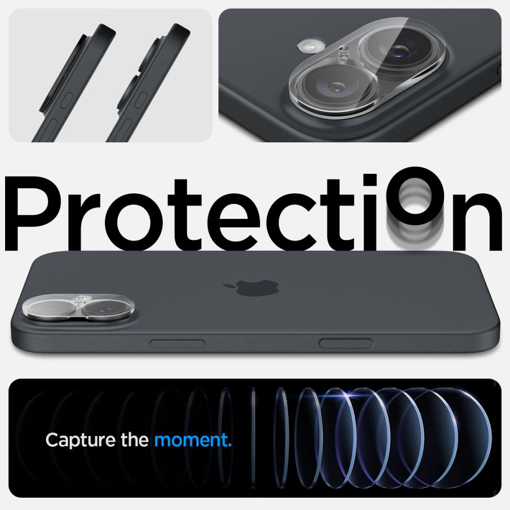 Spigen GlastR Optik takakameran suojakalvo Apple iPhone 16 Plus / 16:lle, karkaistu lasi, 2 kappaleen setti, läpinäkyvä AGL07923