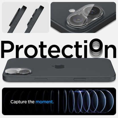 Spigen GlastR Optik takakameran suojakalvo Apple iPhone 16 Plus / 16:lle, karkaistu lasi, 2 kappaleen setti, läpinäkyvä AGL07923