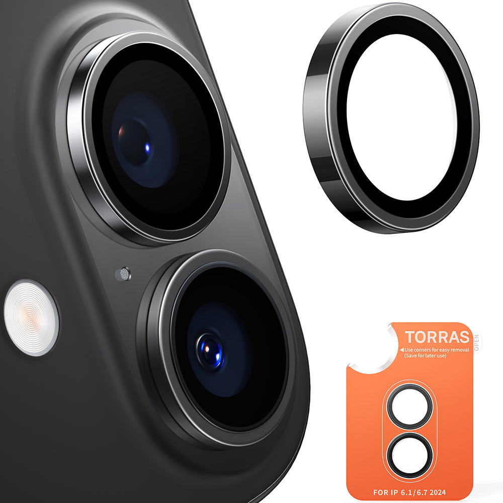 Torras Lensguard -takakameran suojakalvo Apple iPhone 16 Plus / 16, karkaistu lasi, musta