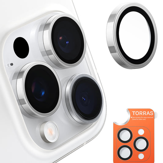 Torras Lensguard takakameran suojakalvo Apple iPhone 16 Pro Max / 16 Pro -puhelimelle, karkaistu lasi, metallinhohtoinen harmaa