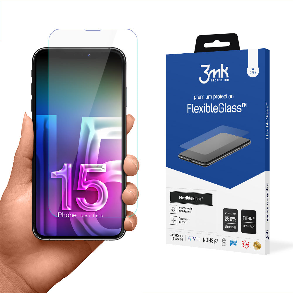 3MK FlexibleGlass -näytönsuoja Apple iPhone 15 Prolle, joustava lasi, täysi liima