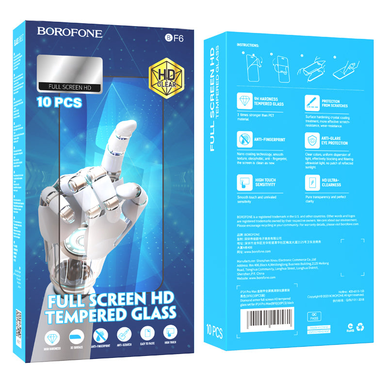 Borofone BF6 Diamond Armor suojakalvo Apple iPhone 17e / 16e / 14 / 13 Pro, Karkaistu lasi, Full Glue, 10 kappaleen setti, Musta