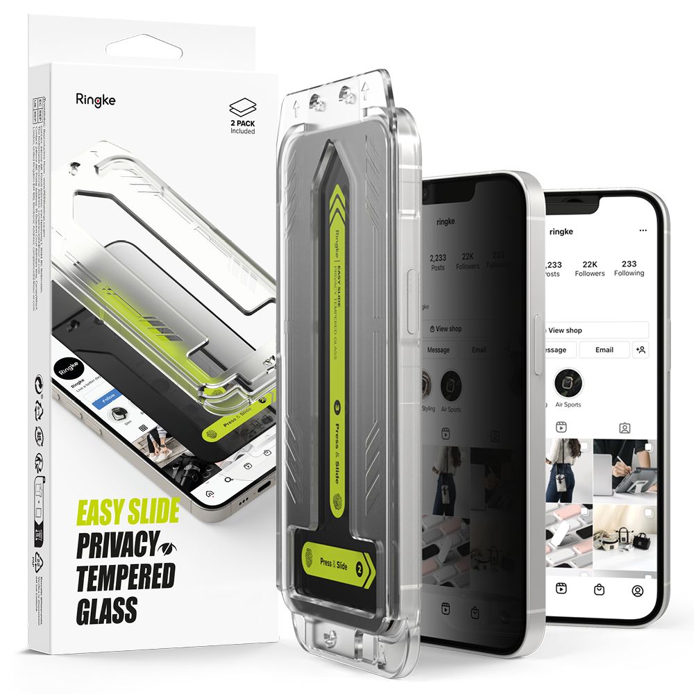 Privacy Ringke Easy Slide -näytönsuojakalvo Apple iPhone 16e / 14 / 13 Pro / 13 -puhelimille, karkaistu lasi, täysliima, 2 kappaleen setti