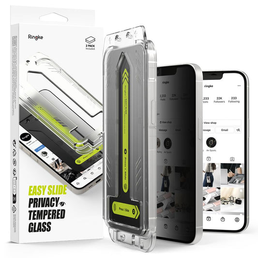 Privacy Ringke Easy Slide -näytönsuojakalvo Apple iPhone 16e / 14 / 13 Pro / 13 -puhelimille, karkaistu lasi, täysliima, 2 kappaleen setti