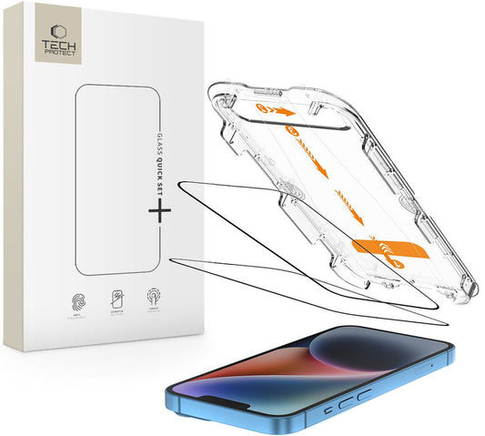Tech-Protect Quick Set+ näytönsuojakalvo Apple iPhone 17e / 16e / 14 / 13 Pro, Panssarilasi, Täysliima, 2 kappaleen setti, Musta