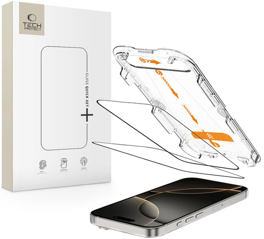 Tech-Protect Quick Set+ suojakalvo Apple iPhone 16 Prolle, Panssarilasi, Täysliima, 2 kappaleen setti, Musta
