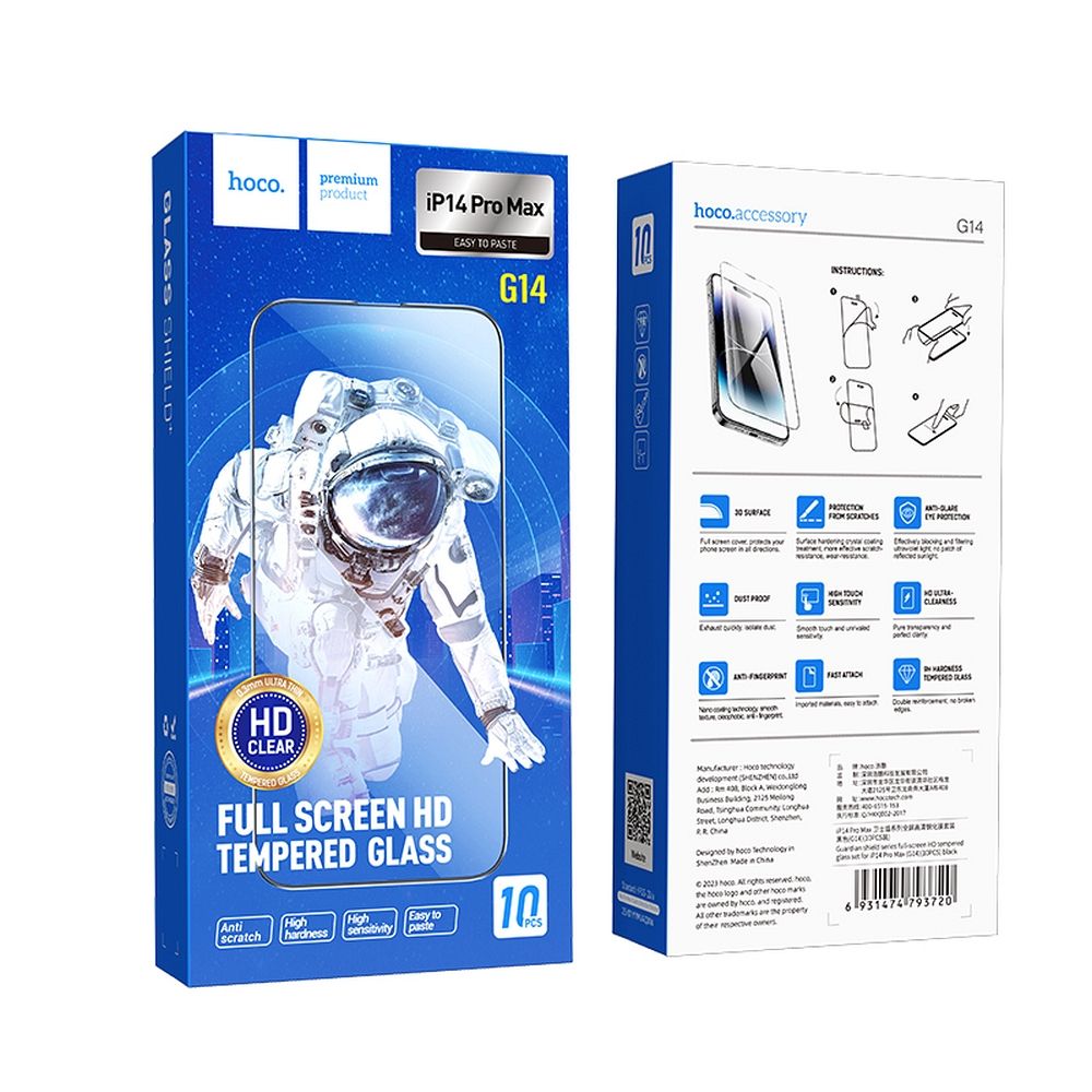 HOCO-suojakalvo Apple iPhone 14 Pro Max -puhelimelle, Panssarilasi, Täysliima, 10 kappaleen setti, Musta