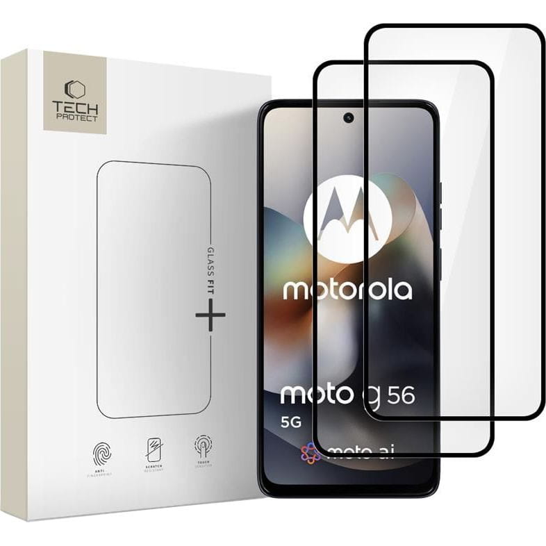 Tech-Protect FIT+ näytönsuojakalvo Motorola Moto G56:lle, Panssarilasi, Täysliima, 2 kappaleen setti, 2.5D, Musta