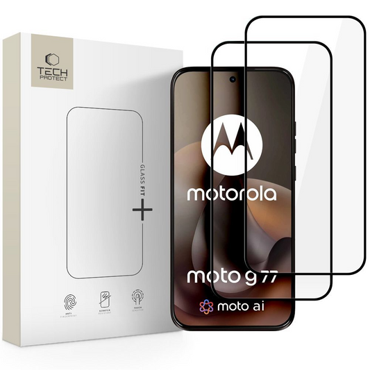 Tech-Protect FIT+ näytönsuoja Motorola Moto G77 / G67:lle, karkaistu lasi, täysiliimainen, 2 kappaleen setti, 2.5D, musta
