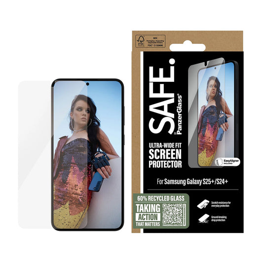 PanzerGlass Safe -näytönsuoja. Ultra-Wide Fit EasyAligner Samsung Galaxy S25+ S936:lle, karkaistu lasi, täysi liima, uudelleen suljettu