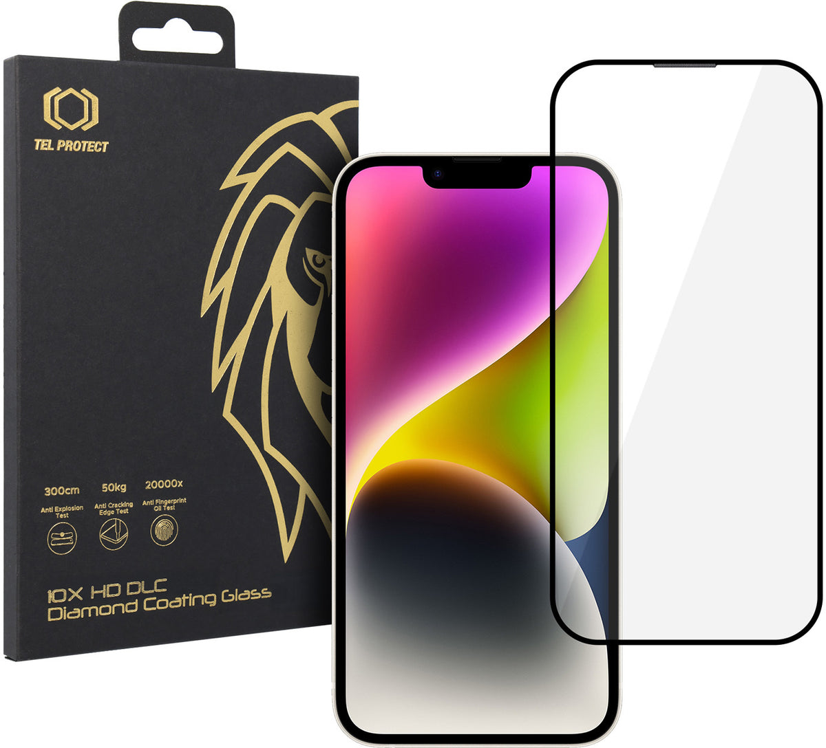 Tel Protect 10X HD DLC Diamond Coating -näytönsuojalasi Apple iPhone 17e / 16e / 14 / 13 Pro / 13 -puhelimille, karkaistu lasi, koko pinnalta liimautuva, musta