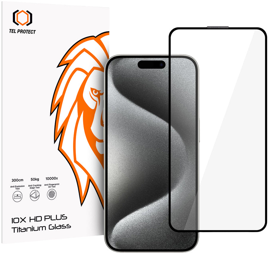 Tel Protect 10X HD Plus Titanium -näytönsuojakalvo Apple iPhone 17 / 16 Pro -puhelimelle, karkaistua lasia, koko pinnan liimapinta, musta