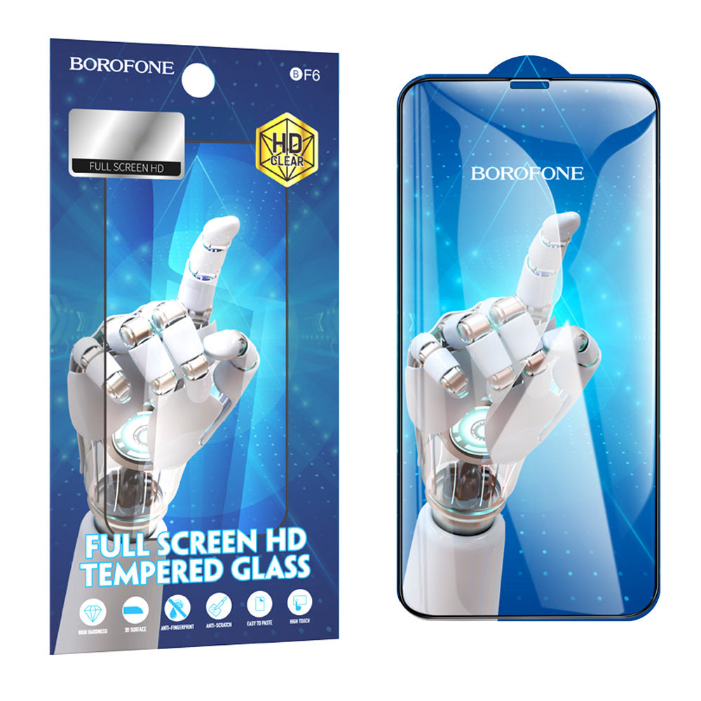 Borofone BF6 Diamond Armor suojakalvo Apple iPhone 17e / 16e / 14 / 13 Pro, Karkaistu lasi, Full Glue, 10 kappaleen setti, Musta