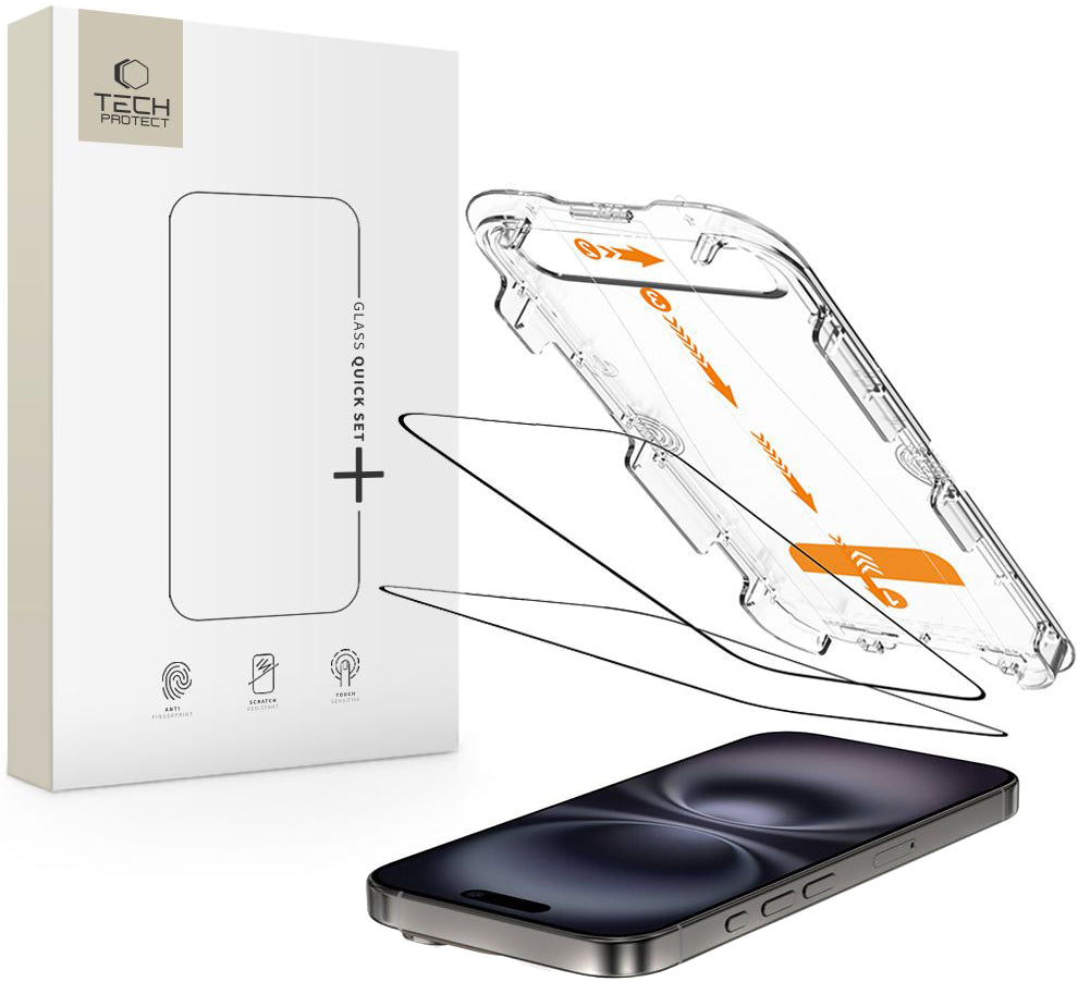 Tech-Protect Quick Set+ suojakalvo Apple iPhone 16 / 15 -mallille, Panssarilasi, Täysliima, 2 kappaleen setti, Musta