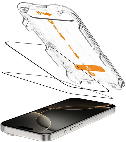 Tech-Protect Quick Set+ suojakalvo Apple iPhone 16 Prolle, Panssarilasi, Täysliima, 2 kappaleen setti, Musta