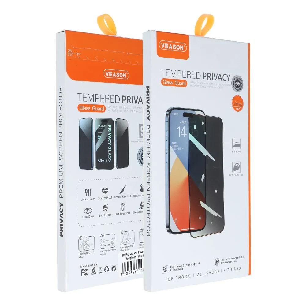 Veason Privacy -näytönsuoja Apple iPhone 17 Pro Maxille, karkaistu lasi, täysi liima, 6D