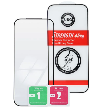 OEM Ultra Strong 45KG Screen Protector for Apple iPhone 16 / 15, Tempered Glass, Full Glue, 2.5D, Black