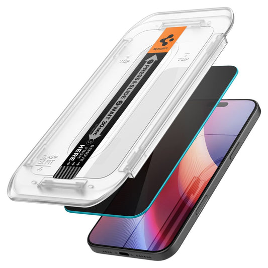 Privacy-näytönsuojakalvo Spigen GlastR EZ FIT Apple iPhone 17 Pro / 17 / 16 Pro -puhelimille, Karkaistu lasi, Täysliima, 2 kappaleen setti AGL07929