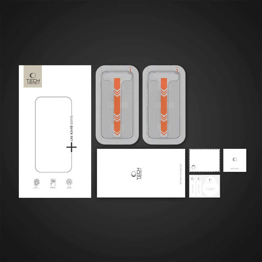 Tech-Protect Quick Set+ suojakalvo Apple iPhone 16 / 15 -mallille, Panssarilasi, Täysliima, 2 kappaleen setti, Musta