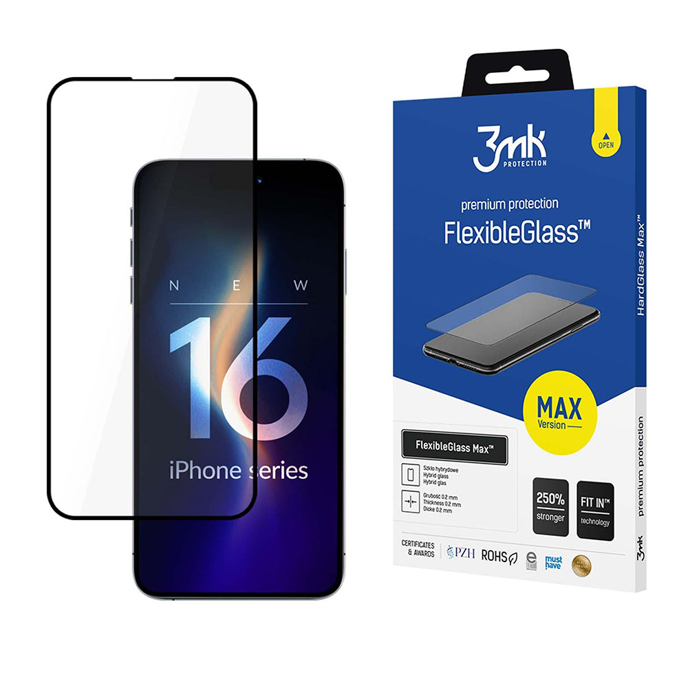 3MK FlexibleGlass Max -näytönsuoja Apple iPhone 16 Pro:lle, joustava lasi, täysiliimainen, musta