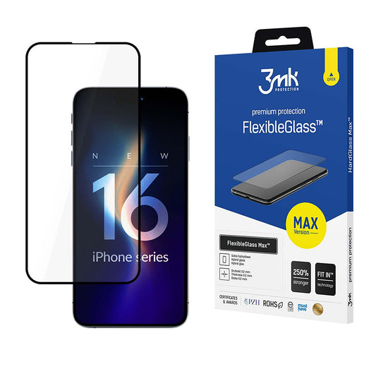 3MK FlexibleGlass Max -näytönsuoja Apple iPhone 16 Pro:lle, joustava lasi, täysiliimainen, musta
