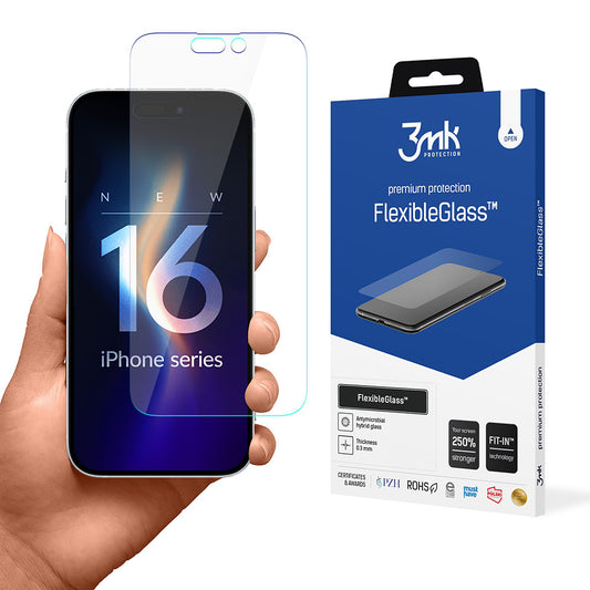 3MK FlexibleGlass -näytönsuoja Apple iPhone 16 Prolle, joustava lasi, täysi liima