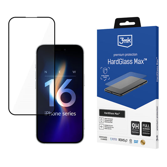 3MK HardGlass Max -näytönsuoja Apple iPhone 16 Prolle, karkaistu lasi, täysiliimainen, musta