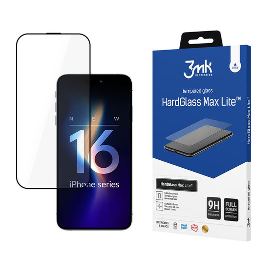 3MK HardGlass -näytönsuoja Apple iPhone 16 Pro Maxille, turvalasi, täysiliimainen, musta