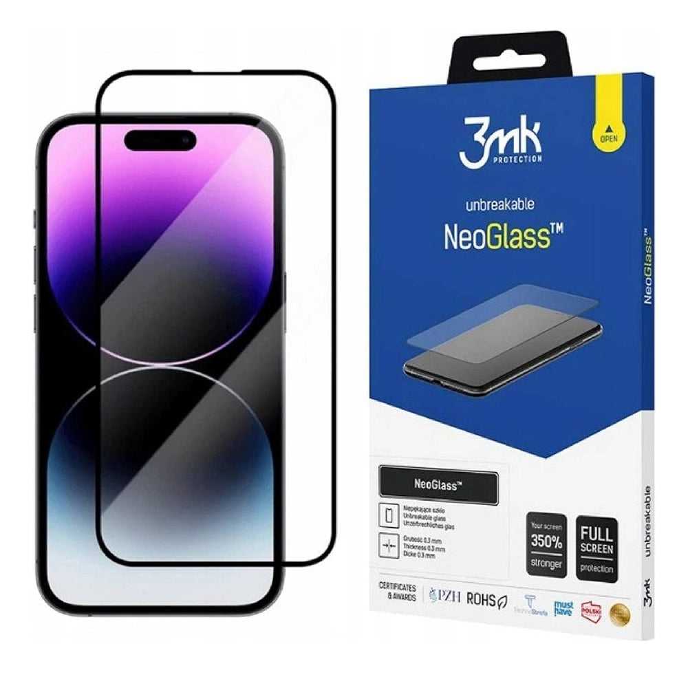 3MK NeoGlass -näytönsuoja Apple iPhone 14 Pro Maxille, karkaistu lasi, täysiliimainen, musta