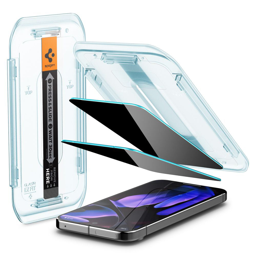 Spigen GlastR EZ FIT Privacy-näytönsuoja Google Pixel 9 / 9 Prolle, karkaistu lasi, täysi liima, 2 kappaleen setti