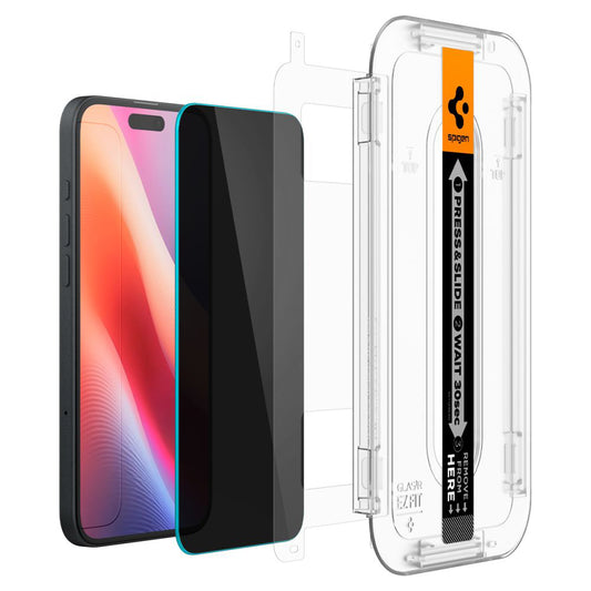 Privacy-näytönsuojakalvo Spigen GlastR EZ FIT Apple iPhone 16 / 15 -puhelimille, Karkaistu lasi, Täysliima, 2 kappaleen setti AGL06905