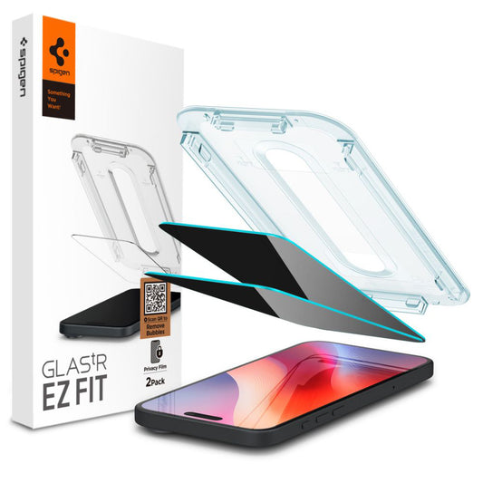 Privacy-näytönsuojakalvo Spigen GlastR EZ FIT Apple iPhone 16 / 15 -puhelimille, Karkaistu lasi, Täysliima, 2 kappaleen setti AGL06905