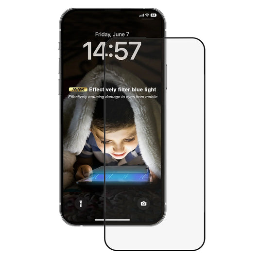 Anank 3X Vahvistettu Anti Blue Light -näytönsuoja Apple iPhone 16 Pro Maxille, Karkaistu Lasi, Täysi Liima, 2.5D, Musta