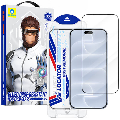 Blueo Drop Resistant Applicator Pro -näytönsuojalasi Apple iPhone 18 Pro / 17 Pro / 17 / 16 Pro -puhelimille, karkaistua lasia, täysliimattu, musta