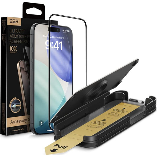 ESR UltraFit Armorite Pro -näytönsuojakalvo Apple iPhone 17 / 16 Pro -puhelimille, Panssarilasi, Täysliima, Musta