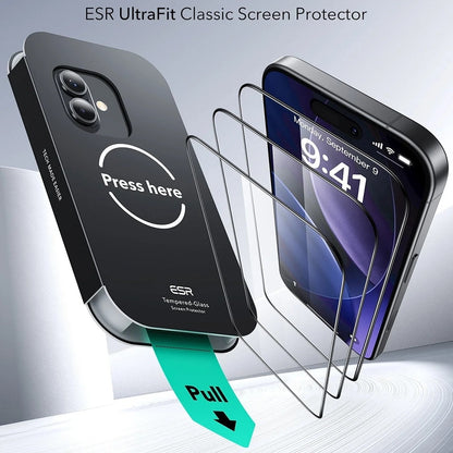 ESR UltraFit -näytönsuojakalvo Apple iPhone 17 / 16 Pro -puhelimille, Panssarilasi, Täysliima, 3 kappaleen setti